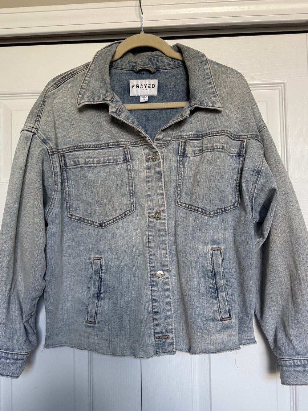 FRAYED Light Wash Denim Jacket - Women's Oversized Jean Coat